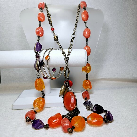2 Chico’s Chunky Beaded Long Statement Necklaces 3 Stone Bangle Bracelets - Picture 5 of 7